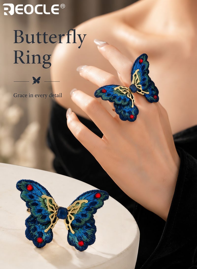 REOCLE Women's Oversized Butterfly Statement Ring Embroidered Fabric and Metal Cocktail Ring Dramatic Open Cuff Ring for Special Occasions - Image 1