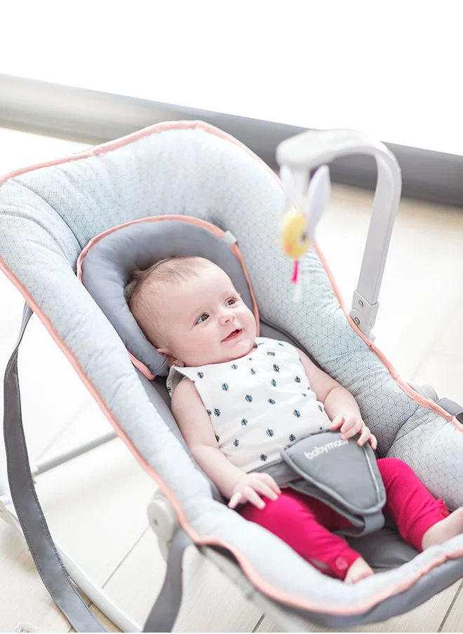 babymoov Graphik Baby Bouncer, Rocker Chair, Reclining Backrest, Removable And Adjustable Head Support, Cosy Cushioned Seats For Newborns, Peach, 0+