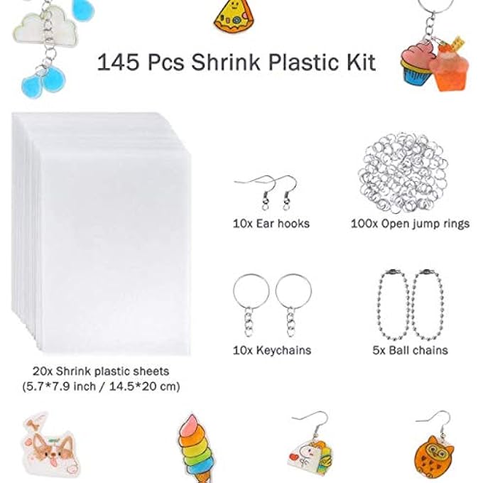 145 PIECES HEAT SHRINK PLASTIC SHEET KIT, 20 PCS SHRINKY ART PAPER WITH 125 PCS KEYCHAINS ACCESSORIES, DIY HAND MADE CREATIVE CRAFT TOOL FOR KIDS - Image 2