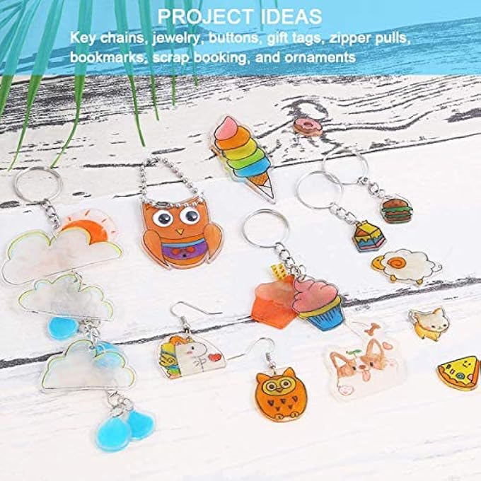 145 PIECES HEAT SHRINK PLASTIC SHEET KIT, 20 PCS SHRINKY ART PAPER WITH 125 PCS KEYCHAINS ACCESSORIES, DIY HAND MADE CREATIVE CRAFT TOOL FOR KIDS - Image 4