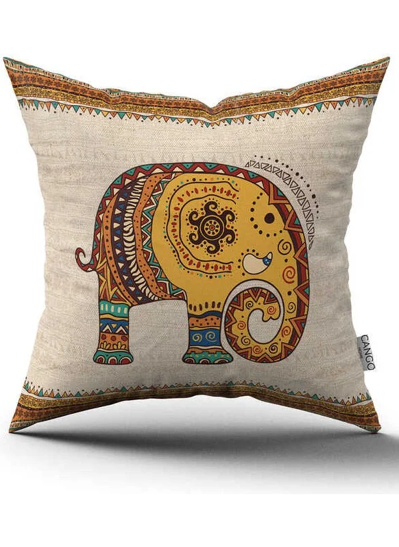 Cango Home Double Sided Cream Ethnic Elephant Patterned Digital Printed Throw Pillow Pillow Case -CGH1256-CT