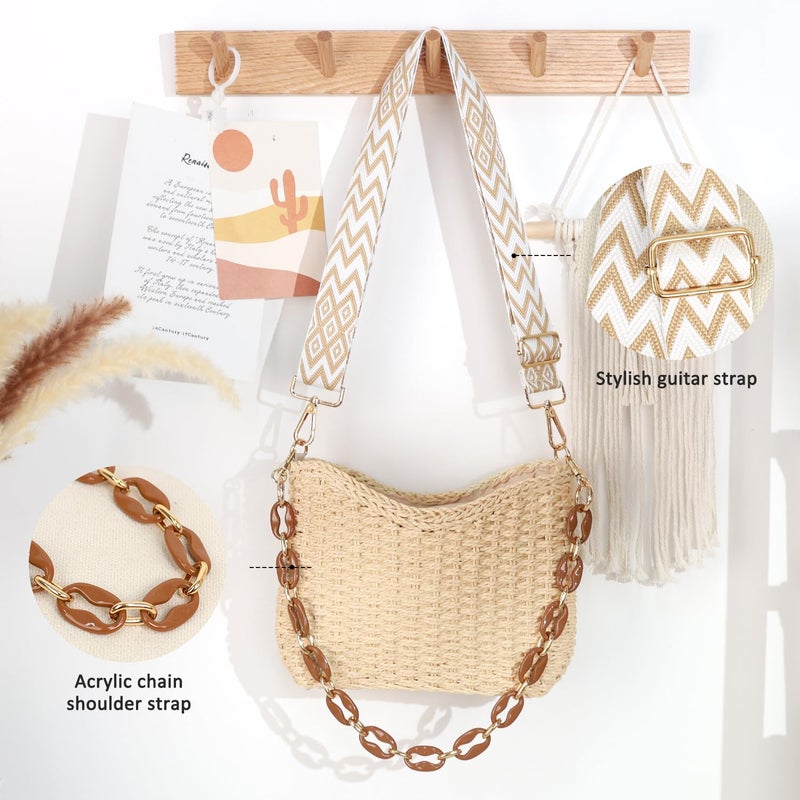 KPX Straw Handbags Purses Crossbody Pocketbook Bag Casual Woven Beach Bags Summer Hobo Hippie Chic Tote Bags with Chain (Chic, Beige) - Image 3