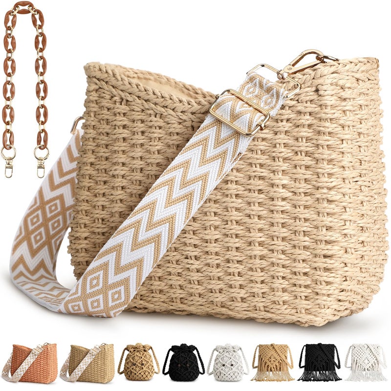 KPX Straw Handbags Purses Crossbody Pocketbook Bag Casual Woven Beach Bags Summer Hobo Hippie Chic Tote Bags with Chain (Chic, Beige) - Image 1