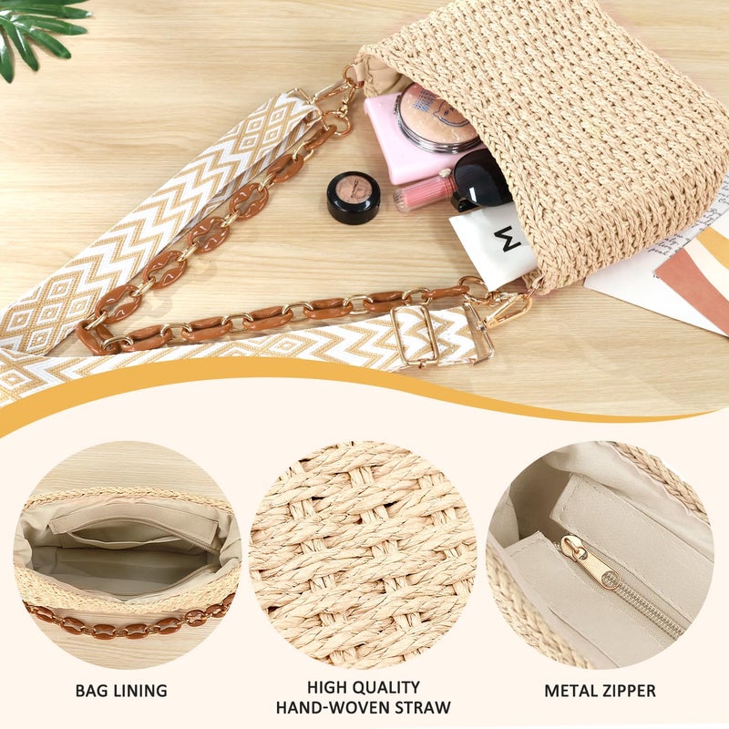 KPX Straw Handbags Purses Crossbody Pocketbook Bag Casual Woven Beach Bags Summer Hobo Hippie Chic Tote Bags with Chain (Chic, Beige) - Image 5