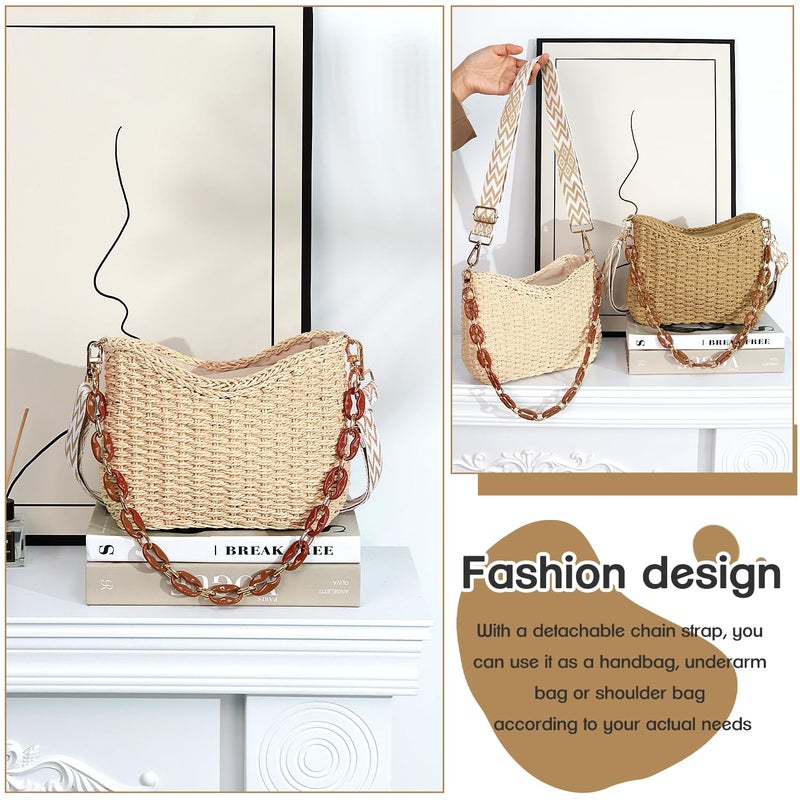 KPX Straw Handbags Purses Crossbody Pocketbook Bag Casual Woven Beach Bags Summer Hobo Hippie Chic Tote Bags with Chain (Chic, Beige) - Image 4