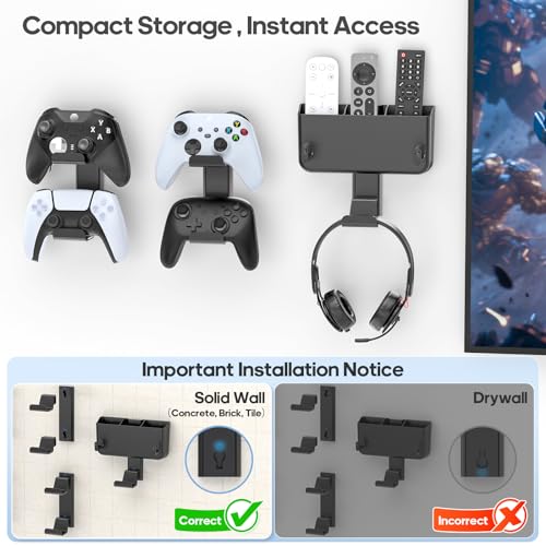 Kytok Controller & Headset & Remote Holder Wall Mount with No Drill, 2 Packs Gaming 4 Controllers Hanger Hook Mount for PS5/PS4/XBOX/Switch, Headphone Stand & Remote Control Holer Wall Shelf with Adhesives - Image 2