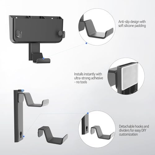 Kytok Controller & Headset & Remote Holder Wall Mount with No Drill, 2 Packs Gaming 4 Controllers Hanger Hook Mount for PS5/PS4/XBOX/Switch, Headphone Stand & Remote Control Holer Wall Shelf with Adhesives - Image 4