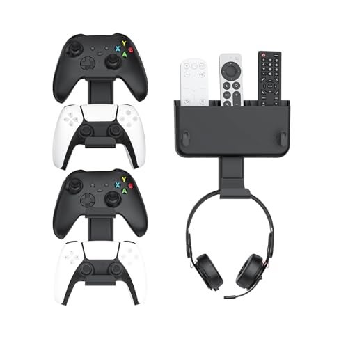 Kytok Controller & Headset & Remote Holder Wall Mount with No Drill, 2 Packs Gaming 4 Controllers Hanger Hook Mount for PS5/PS4/XBOX/Switch, Headphone Stand & Remote Control Holer Wall Shelf with Adhesives - Image 1
