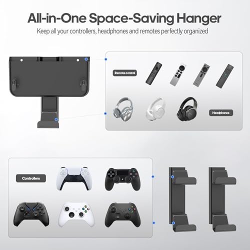 Kytok Controller & Headset & Remote Holder Wall Mount with No Drill, 2 Packs Gaming 4 Controllers Hanger Hook Mount for PS5/PS4/XBOX/Switch, Headphone Stand & Remote Control Holer Wall Shelf with Adhesives - Image 3