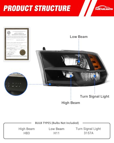 ADCARLIGHTS compatible with Dodge 09-18 Ram 1500/10-18 Ram 2500 3500 for 2009-2018 Ram Headlight Assembly Black Housing Amber Reflector Headlamp Replacement Driver and Passenger Sides - Image 3