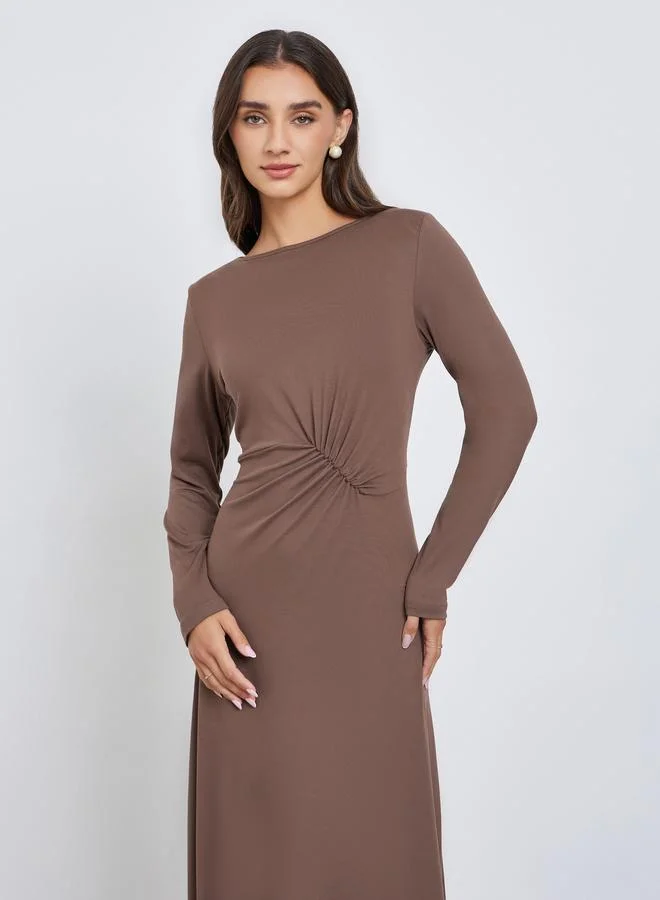 Styli Brown A-Line Maxi Dress with Long Sleeves
