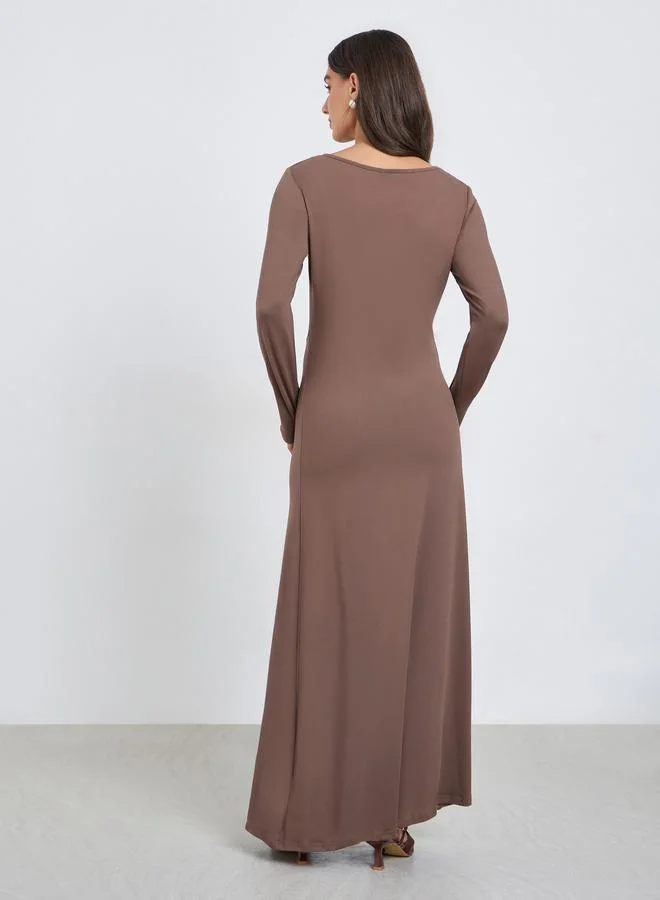 Styli Brown A-Line Maxi Dress with Long Sleeves