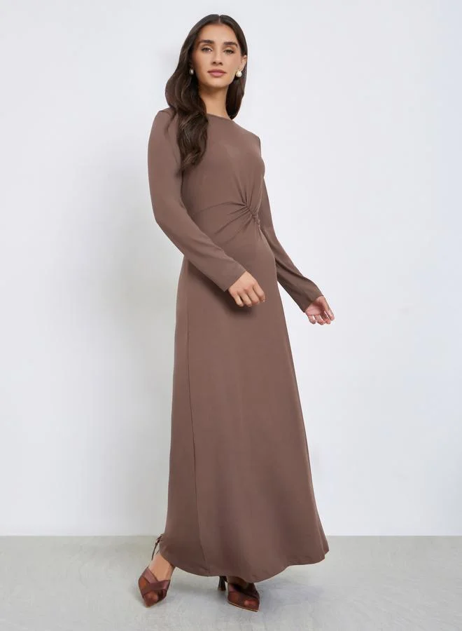 Styli Brown A-Line Maxi Dress with Long Sleeves