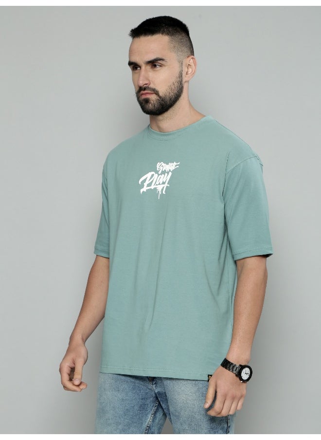 Maniac Graffityplay Printed Mens Round Neck 3/4th Sleeve Berly Green Cotton Oversized T-Shirt  - Image 2