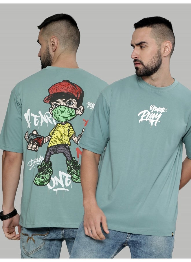 Maniac Graffityplay Printed Mens Round Neck 3/4th Sleeve Berly Green Cotton Oversized T-Shirt  - Image 5