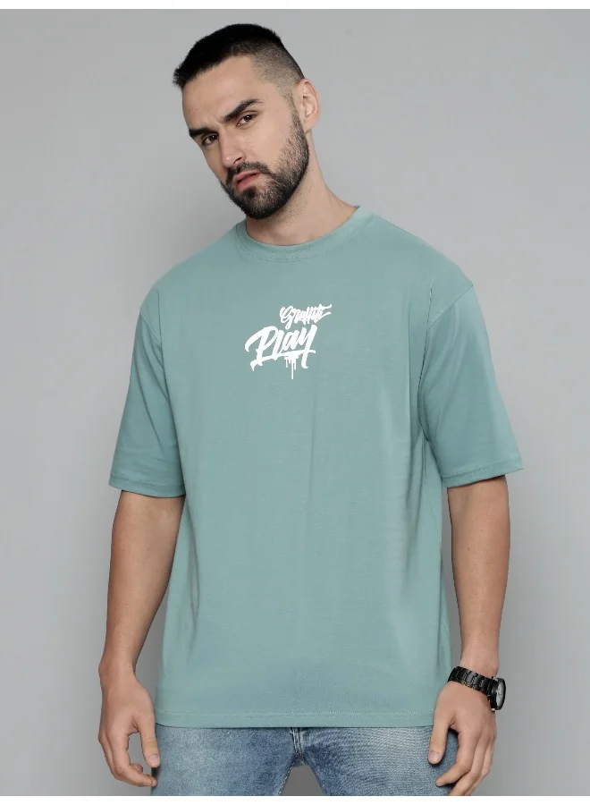 مانياك Graffityplay Printed Mens Round Neck 3/4th Sleeve Berly Green Cotton Oversized T-Shirt