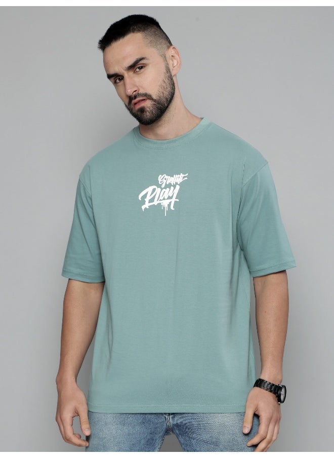 Maniac Graffityplay Printed Mens Round Neck 3/4th Sleeve Berly Green Cotton Oversized T-Shirt  - Image 4