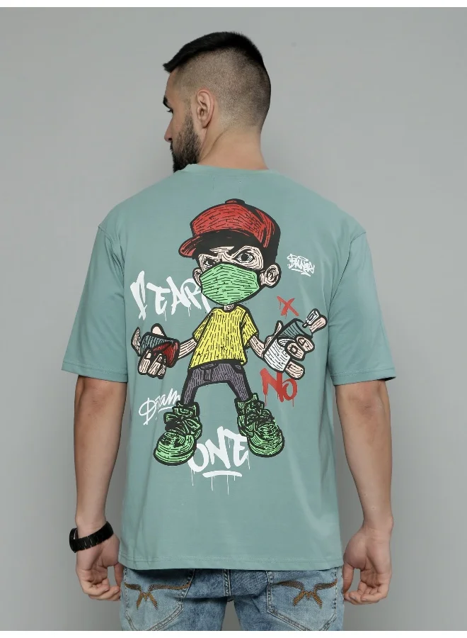 مانياك Graffityplay Printed Mens Round Neck 3/4th Sleeve Berly Green Cotton Oversized T-Shirt