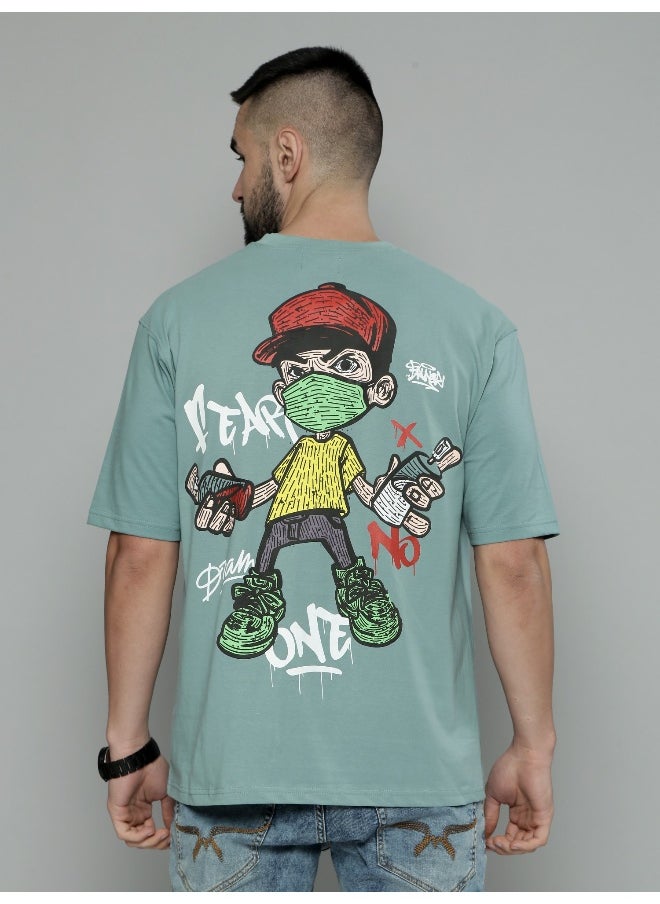 Maniac Graffityplay Printed Mens Round Neck 3/4th Sleeve Berly Green Cotton Oversized T-Shirt  - Image 3