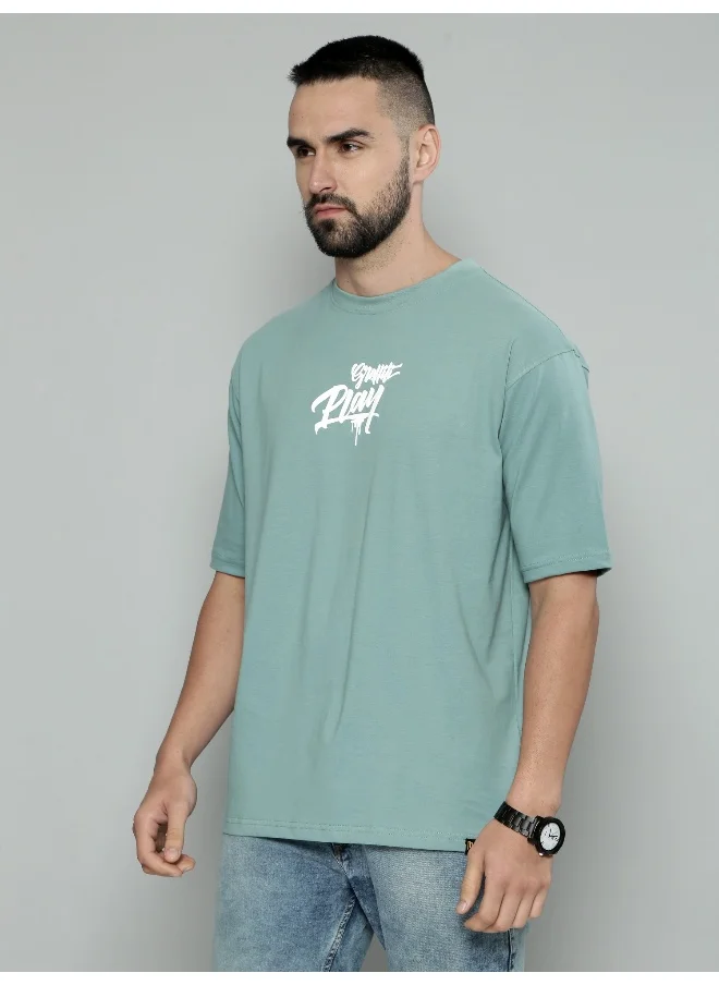 مانياك Graffityplay Printed Mens Round Neck 3/4th Sleeve Berly Green Cotton Oversized T-Shirt