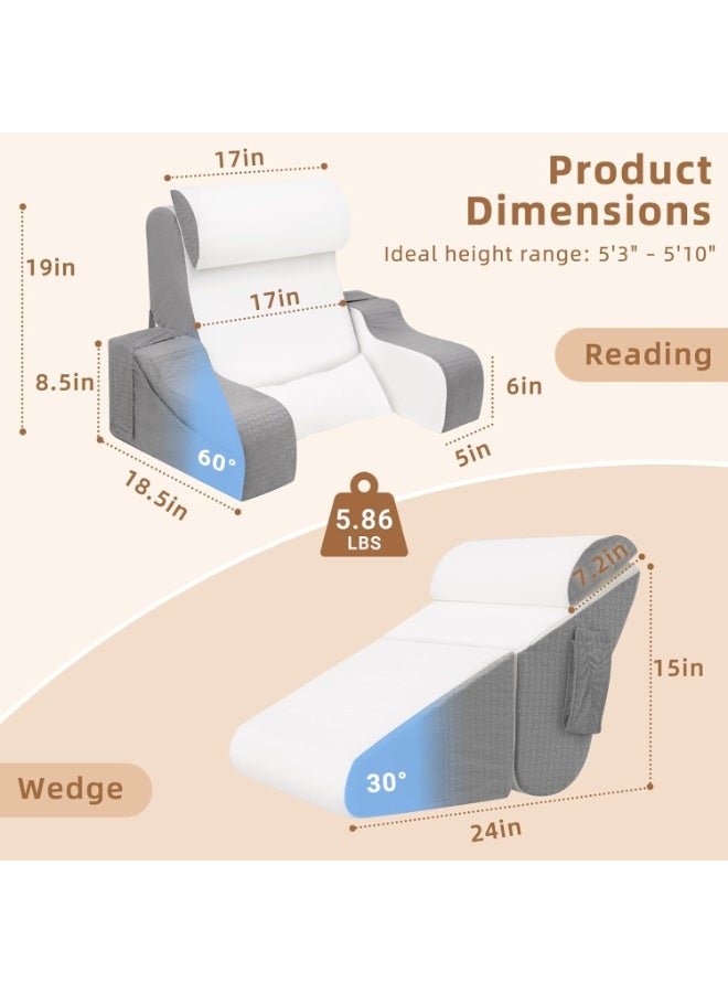 Arabest 5PCS Reading Pillow for Sitting in Bed Adult, 2 in 1 Foldable Back Wedge Pillow for Sleep, Ergonomic Back Support Pillow with Arms for Watching TV, Gaming, Working, Recovery, 19” White/Grey - Image 2