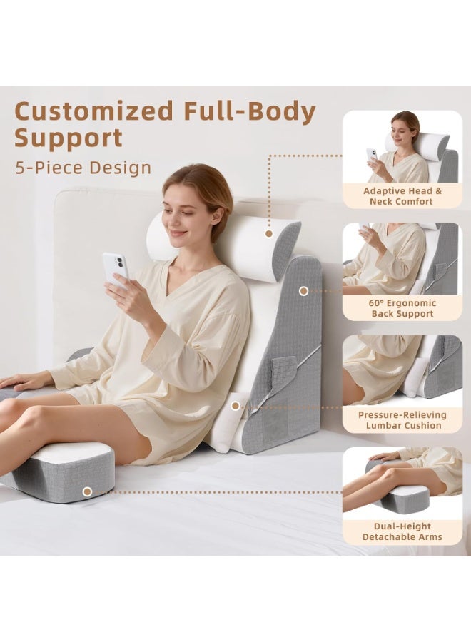Arabest 5PCS Reading Pillow for Sitting in Bed Adult, 2 in 1 Foldable Back Wedge Pillow for Sleep, Ergonomic Back Support Pillow with Arms for Watching TV, Gaming, Working, Recovery, 19” White/Grey - Image 5