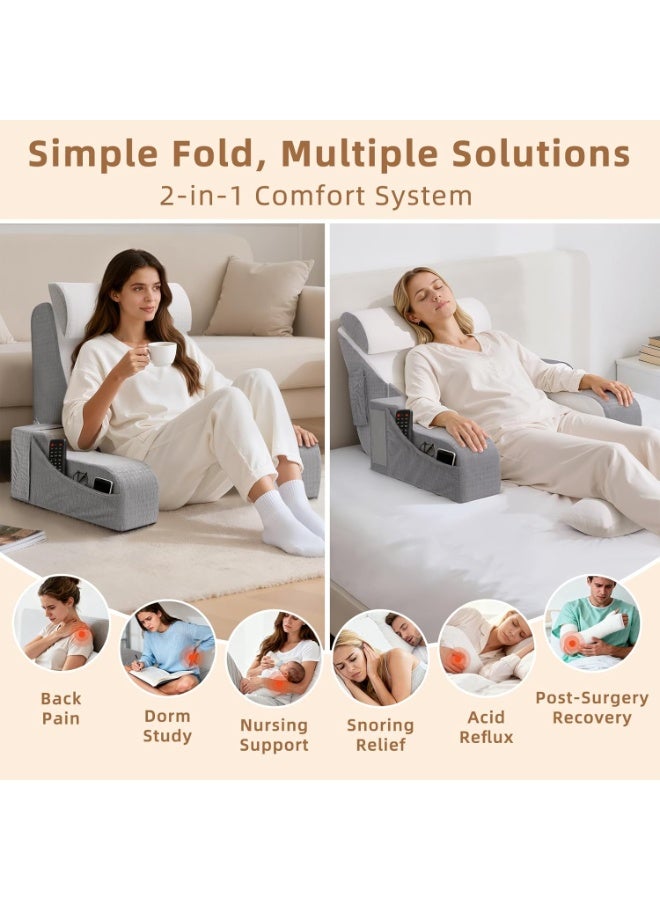 Arabest 5PCS Reading Pillow for Sitting in Bed Adult, 2 in 1 Foldable Back Wedge Pillow for Sleep, Ergonomic Back Support Pillow with Arms for Watching TV, Gaming, Working, Recovery, 19” White/Grey - Image 4
