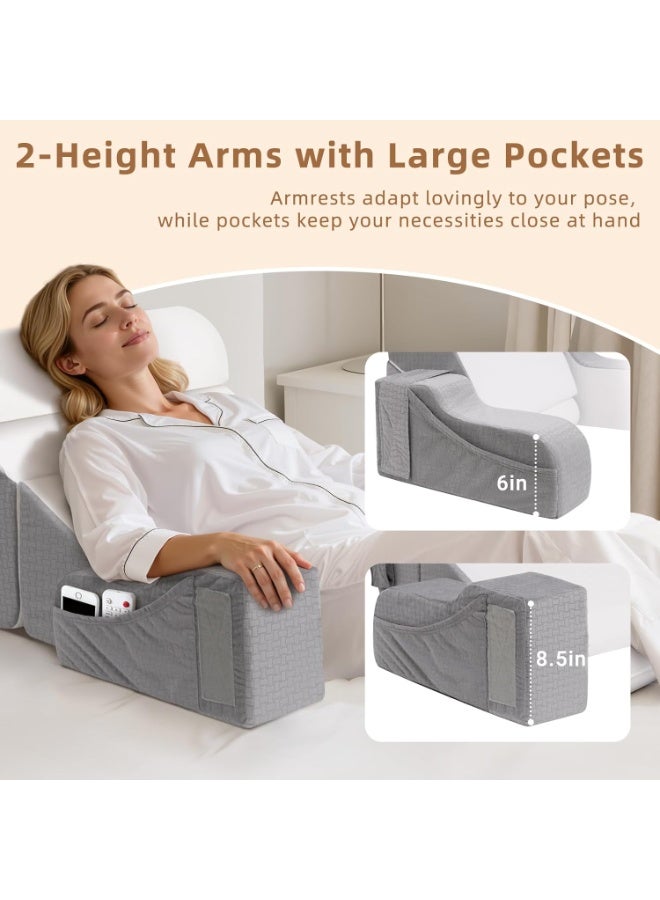 Arabest 5PCS Reading Pillow for Sitting in Bed Adult, 2 in 1 Foldable Back Wedge Pillow for Sleep, Ergonomic Back Support Pillow with Arms for Watching TV, Gaming, Working, Recovery, 19” White/Grey - Image 3