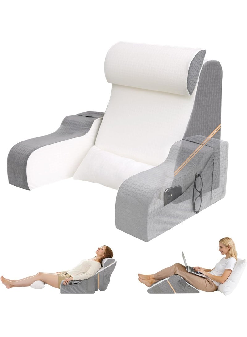 Arabest 5PCS Reading Pillow for Sitting in Bed Adult, 2 in 1 Foldable Back Wedge Pillow for Sleep, Ergonomic Back Support Pillow with Arms for Watching TV, Gaming, Working, Recovery, 19” White/Grey - Image 1
