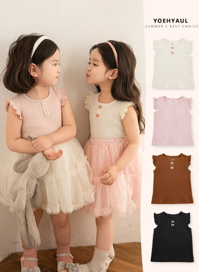 Yoehyaul Girls ribbed Cotton Top with Frill Sleeves and Bow detail