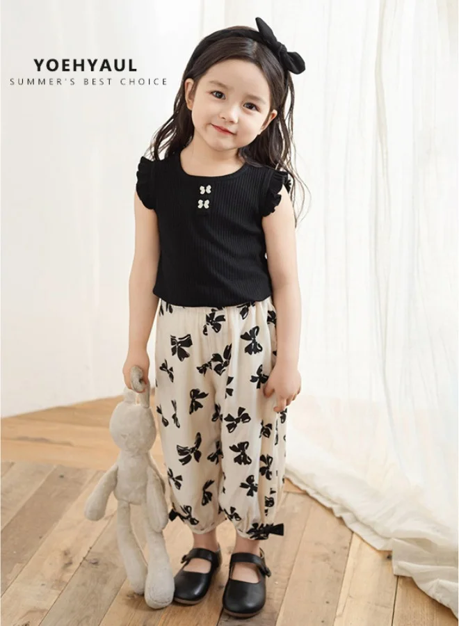 Yoehyaul Girls ribbed Cotton Top with Frill Sleeves and Bow detail