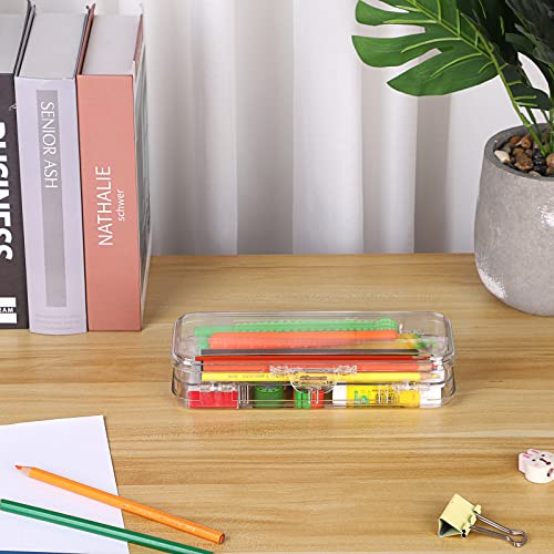 BTSKY Double Deck Pencils Box Clear Plastic Stationery Box with 4 Removable Ruler Dividing Spacers Multi-grid Home Utility Boxes with 6 Compartments for Pencils Erasers Clips (Clear) - Image 3