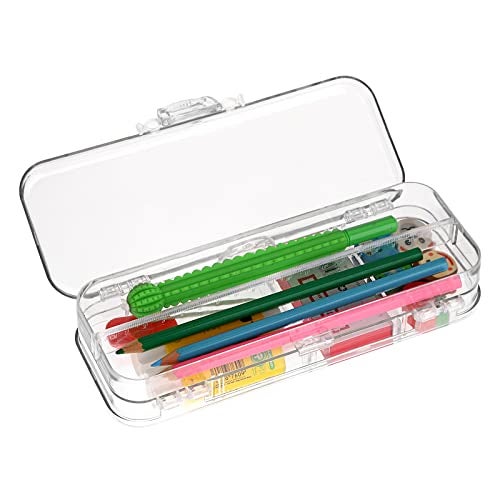 BTSKY Double Deck Pencils Box Clear Plastic Stationery Box with 4 Removable Ruler Dividing Spacers Multi-grid Home Utility Boxes with 6 Compartments for Pencils Erasers Clips (Clear) - Image 2