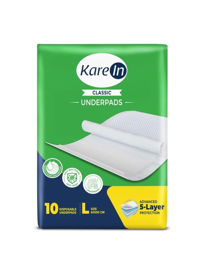 KareIn Classic Underpads For Adults, Large 60 x 90 cm, 10 Unit, Highly Absorbent, Anti-Bacterial, Rash Protection, Leak Proof, Protects Surfaces from Incontinence, Odor Control, Super Soft - Image 1