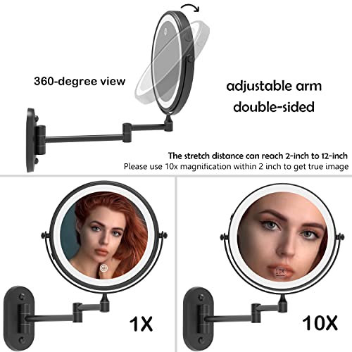 Ruacq Rechargeable Makeup Mirror Matte Black Double Sided Vanity Mirror with Lights Round 1x/10x Magnification 8 Inch Led Magnifying Mirror Stainless Steel and Zinc Alloy Modern Wall Mounted - Image 5