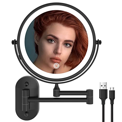 Ruacq Rechargeable Makeup Mirror Matte Black Double Sided Vanity Mirror with Lights Round 1x/10x Magnification 8 Inch Led Magnifying Mirror Stainless Steel and Zinc Alloy Modern Wall Mounted - Image 1