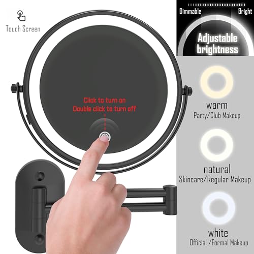 Ruacq Rechargeable Makeup Mirror Matte Black Double Sided Vanity Mirror with Lights Round 1x/10x Magnification 8 Inch Led Magnifying Mirror Stainless Steel and Zinc Alloy Modern Wall Mounted - Image 4