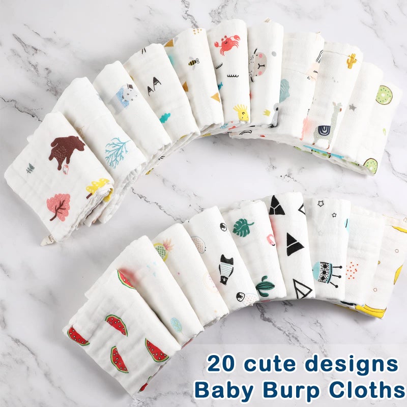 Chumia 20 Pack Muslin Baby Burp Cloths Large 20 x 10 Inches Cotton Baby Burp Rags Towel and Washcloths Face Towels 6 Layers Super Absorbent for Infant Shower,20 Styles - Image 4