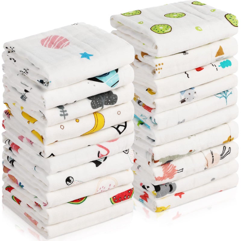 Chumia 20 Pack Muslin Baby Burp Cloths Large 20 x 10 Inches Cotton Baby Burp Rags Towel and Washcloths Face Towels 6 Layers Super Absorbent for Infant Shower,20 Styles - Image 1