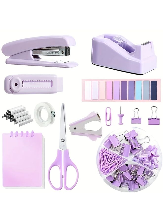 Purple 9 In 1 Back To School Stationery Set With Index Stickers Notebook Stapler Scissors - Image 1