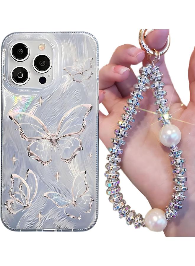 إيروريكس جراب آيفون 15 14 13 12 11 برو ماكس، جراب آيفون 15 14 برو مع فراشة، حزام معصم من اللؤلؤ اللامع، جراب آيفون مقاوم للصدمات، غطاء آيفون محمول للنساء والفتيات هدية آيفون 15 برو ماكس - Image 1