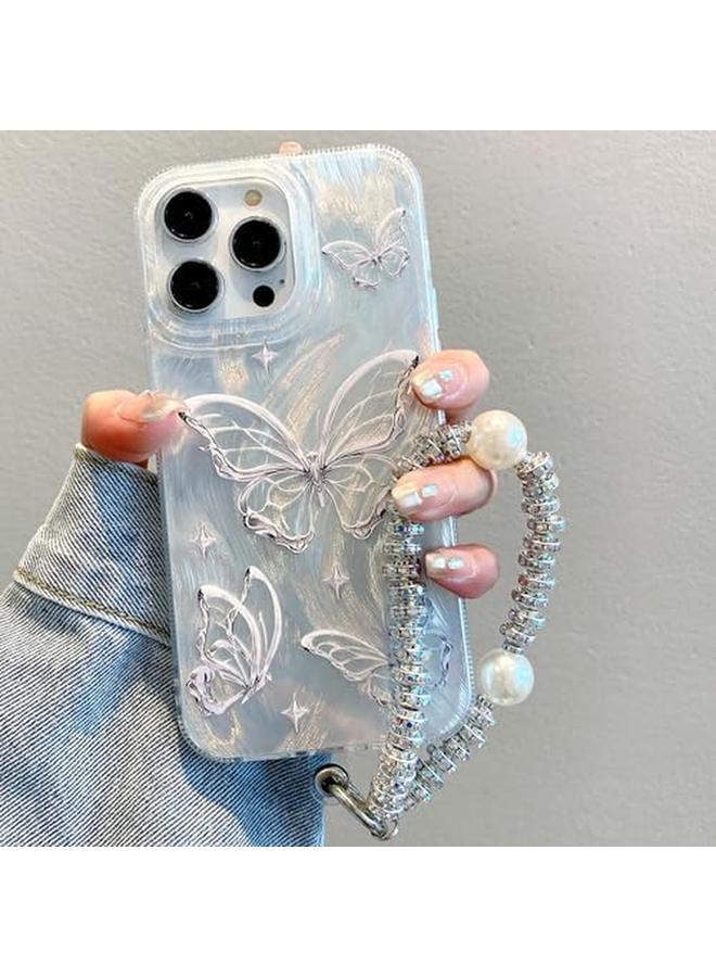 إيروريكس جراب آيفون 15 14 13 12 11 برو ماكس، جراب آيفون 15 14 برو مع فراشة، حزام معصم من اللؤلؤ اللامع، جراب آيفون مقاوم للصدمات، غطاء آيفون محمول للنساء والفتيات هدية آيفون 15 برو ماكس - Image 3