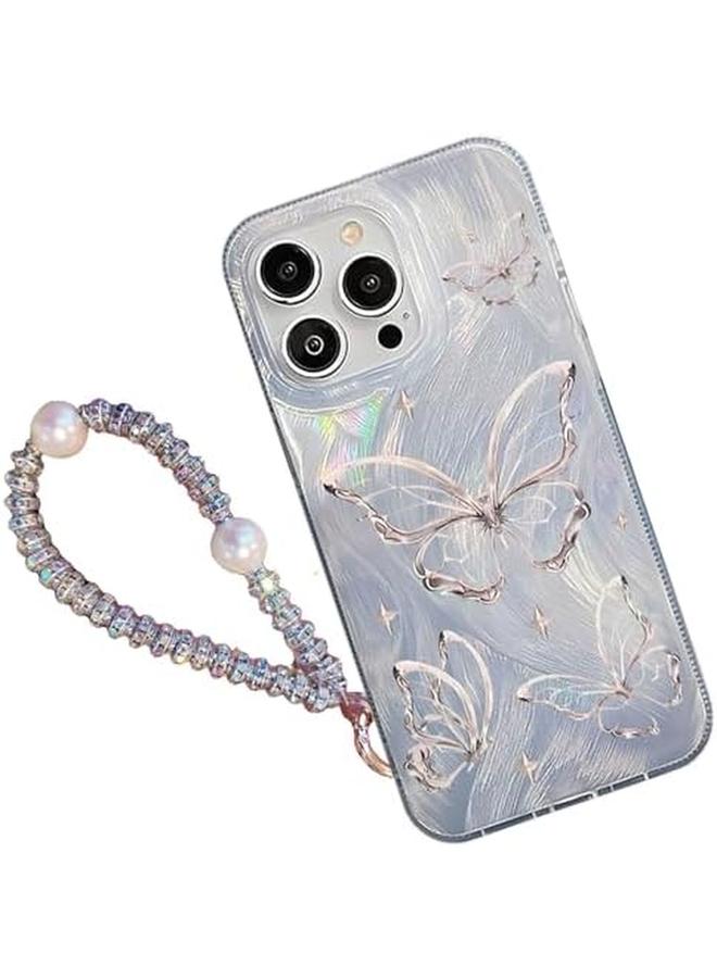 إيروريكس جراب آيفون 15 14 13 12 11 برو ماكس، جراب آيفون 15 14 برو مع فراشة، حزام معصم من اللؤلؤ اللامع، جراب آيفون مقاوم للصدمات، غطاء آيفون محمول للنساء والفتيات هدية آيفون 15 برو ماكس - Image 2