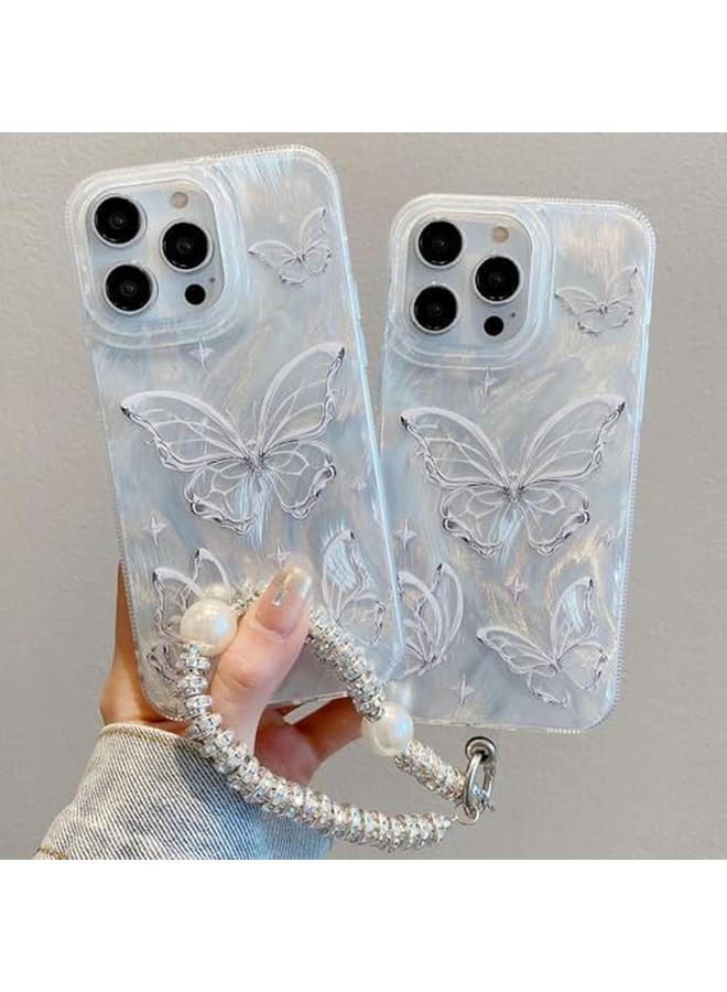 إيروريكس جراب آيفون 15 14 13 12 11 برو ماكس، جراب آيفون 15 14 برو مع فراشة، حزام معصم من اللؤلؤ اللامع، جراب آيفون مقاوم للصدمات، غطاء آيفون محمول للنساء والفتيات هدية آيفون 15 برو ماكس - Image 4