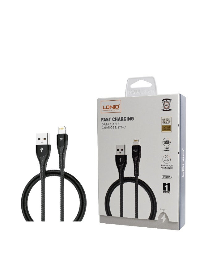 لدنيو كيبل شحن ايفون ونقل بيانات LDNIO LS511K بقوة 30 واط – USB إلى Lightning بطول 1 متر - Image 2
