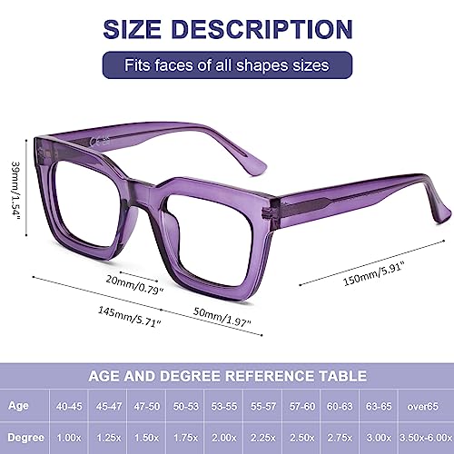 AQWANO Stylish Oversized Reading Glasses for Women Fashion Designer Readers Blue Light Square Computer Glases with Spring Hinge, Purple 2.5 - Image 2
