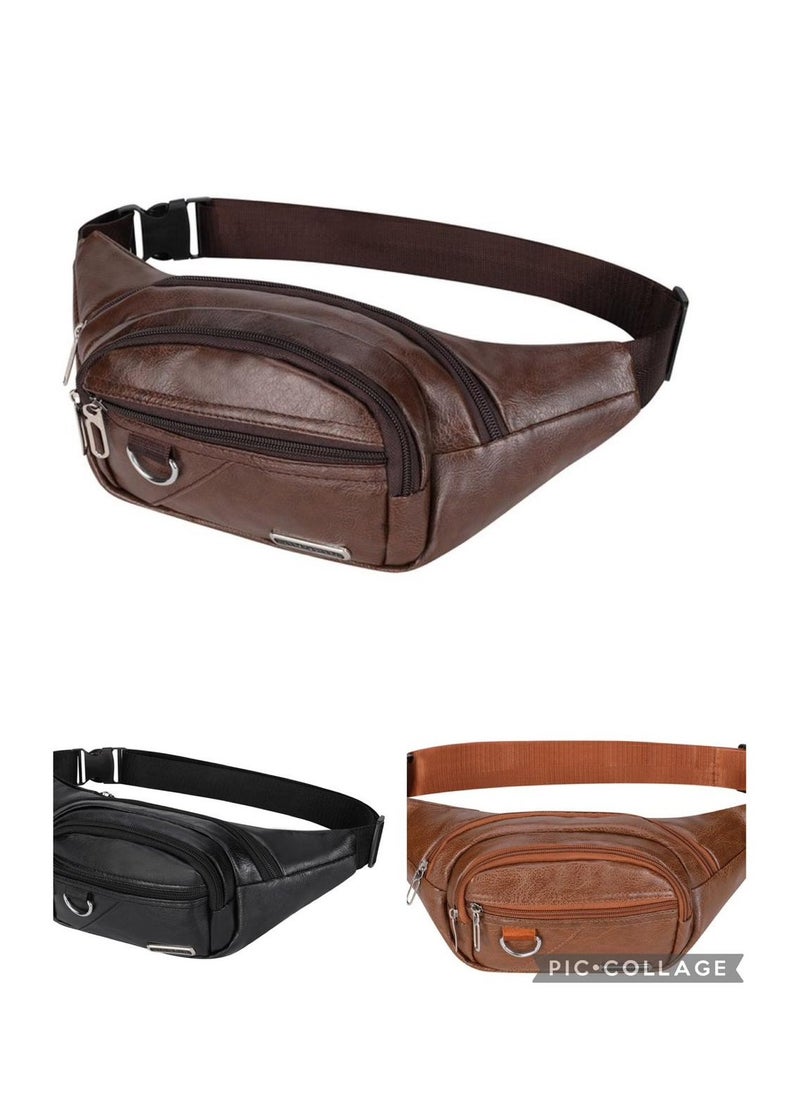MYK - Leather Large Pack Crossbody Sling Backpack Waterproof Hip Belt Bag Waist Bag By Maximize Wear Genuine Waist Pouch Travel Haj Umrah - Brown - Image 1
