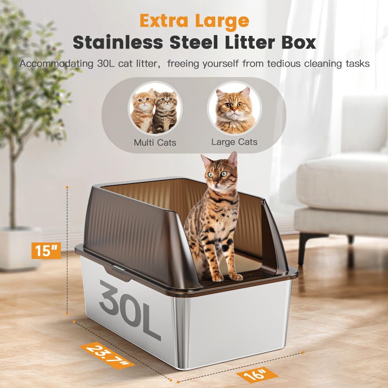 Tripamin 15â€ XL Stainless Steel Cat Litter Box Enclosure, XXL Stainless Steel High Sides with Lid, Extra Large Metal Cat Litter Box (Translucent Brown, XX-Large) - Image 2