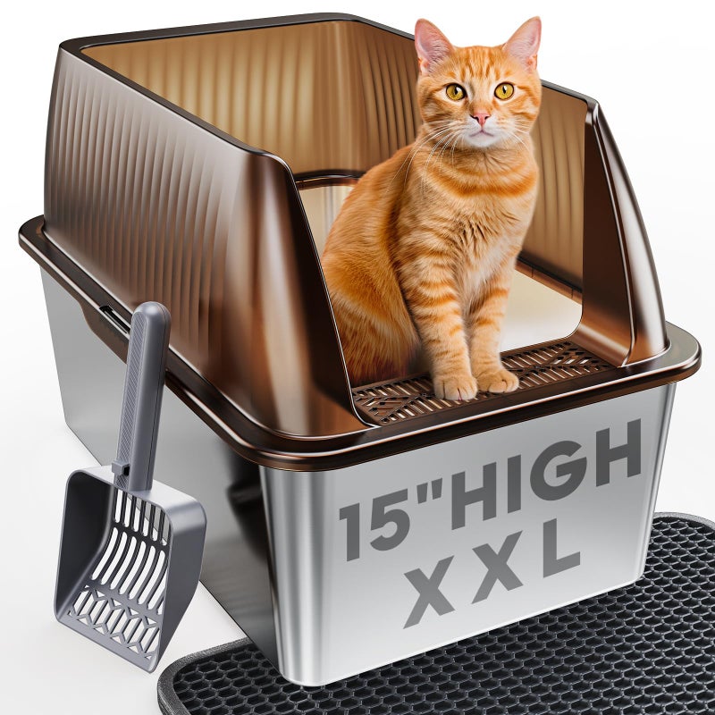 Tripamin 15â€ XL Stainless Steel Cat Litter Box Enclosure, XXL Stainless Steel High Sides with Lid, Extra Large Metal Cat Litter Box (Translucent Brown, XX-Large) - Image 1