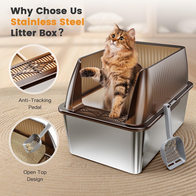 Tripamin 15â€ XL Stainless Steel Cat Litter Box Enclosure, XXL Stainless Steel High Sides with Lid, Extra Large Metal Cat Litter Box (Translucent Brown, XX-Large) - Image 4